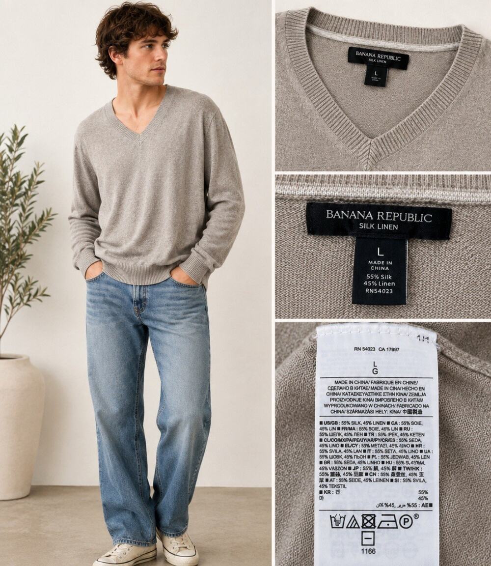 Preppy Banana Republic Men's Silk Linen V-Neck Sweater Size L Taupe Lightweight